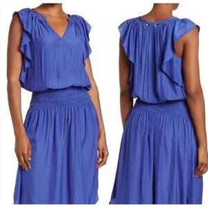 Ramy Brooke Sz XS Blue Keyhole‎ Smocked Waist Blouson Midi Dress Flutter Sleeve